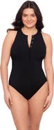 S3 Ribbed High Neck Snap Front One Piece Swimsuit