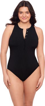 S3 Ribbed High Neck Snap Front One Piece Swimsuit