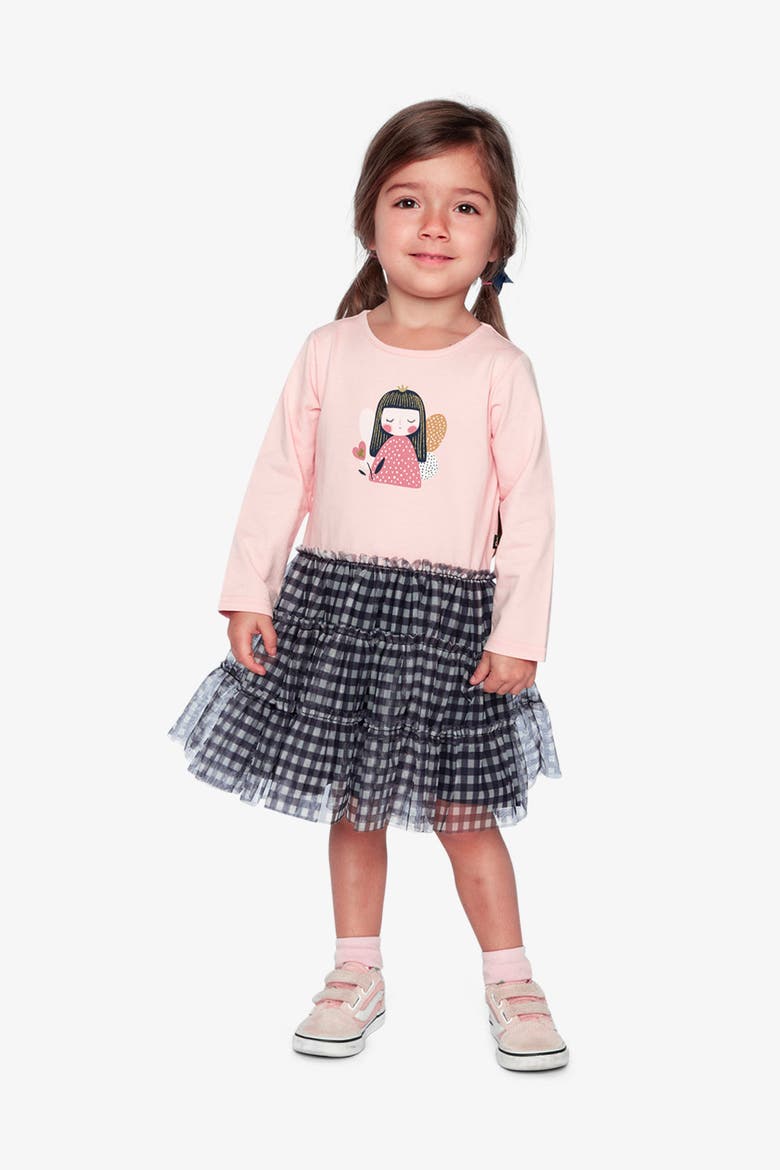 Bi-Material Fairy Detail Gingham Mesh Dress, Alternate, color, Pale Dusty Pink and Navy