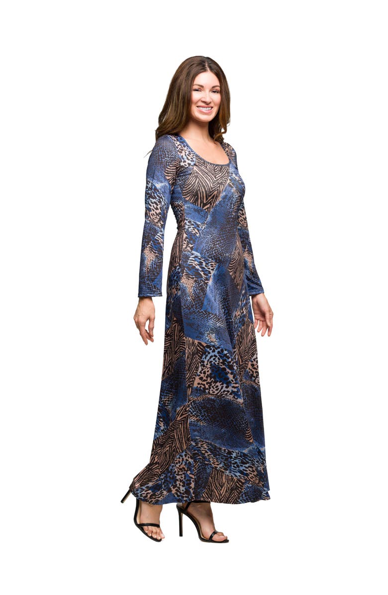 24seven Comfort Apparel Animal Print Long Sleeve Scoop Neck Maxi Dress, Alternate, color, Blue Multi