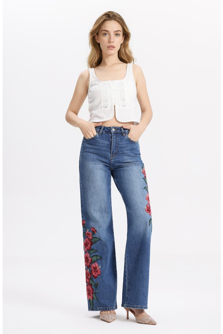 Floral Embroidered High Waist Straight Leg Jeans, Alternate, color, OBLIQUE