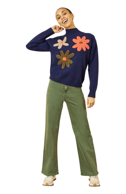 Yumi Floral Detail High Neck Knit Sweater In Blue