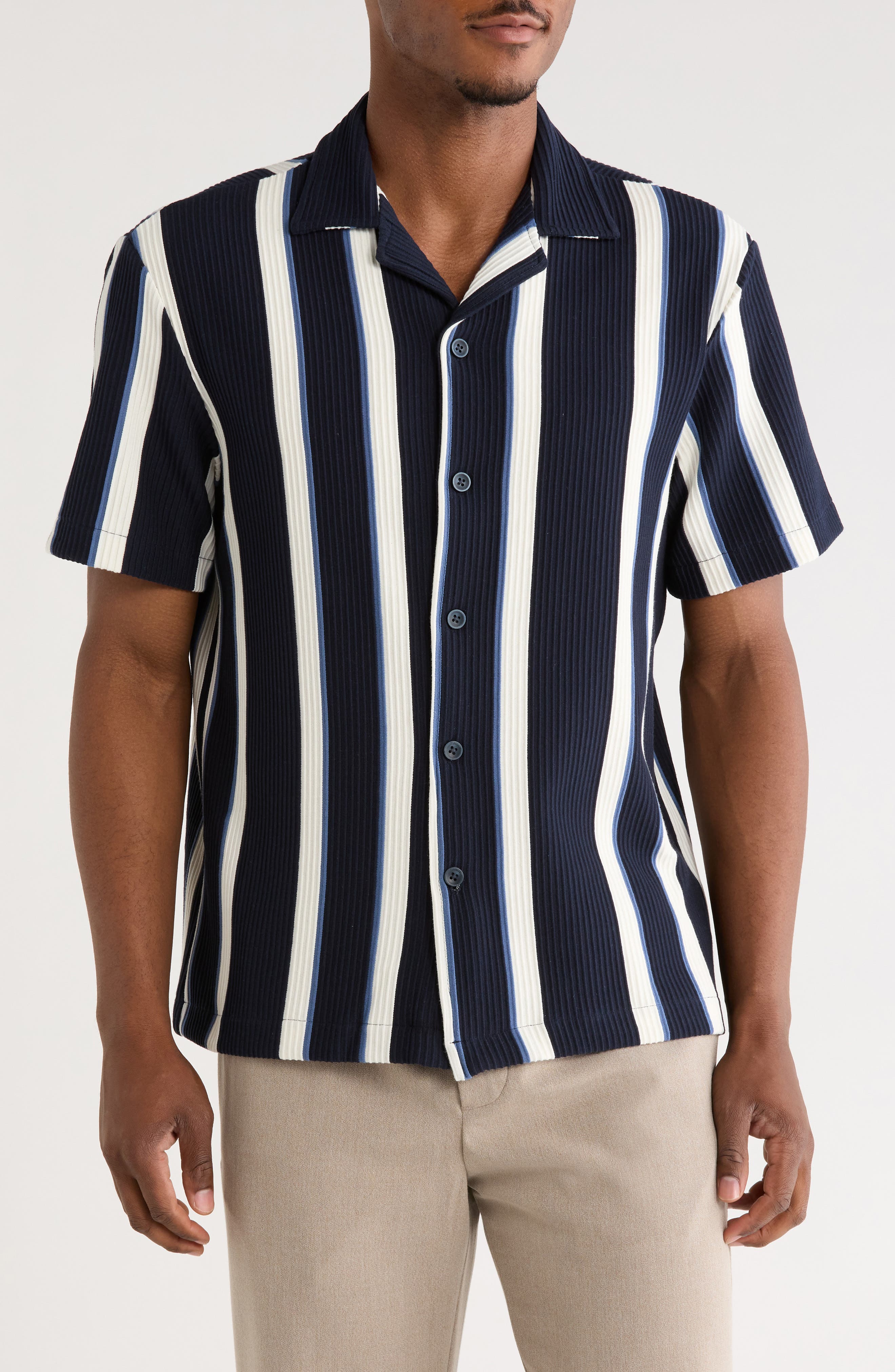 Relaxed Fit Vertical Stripe Camp Shirt