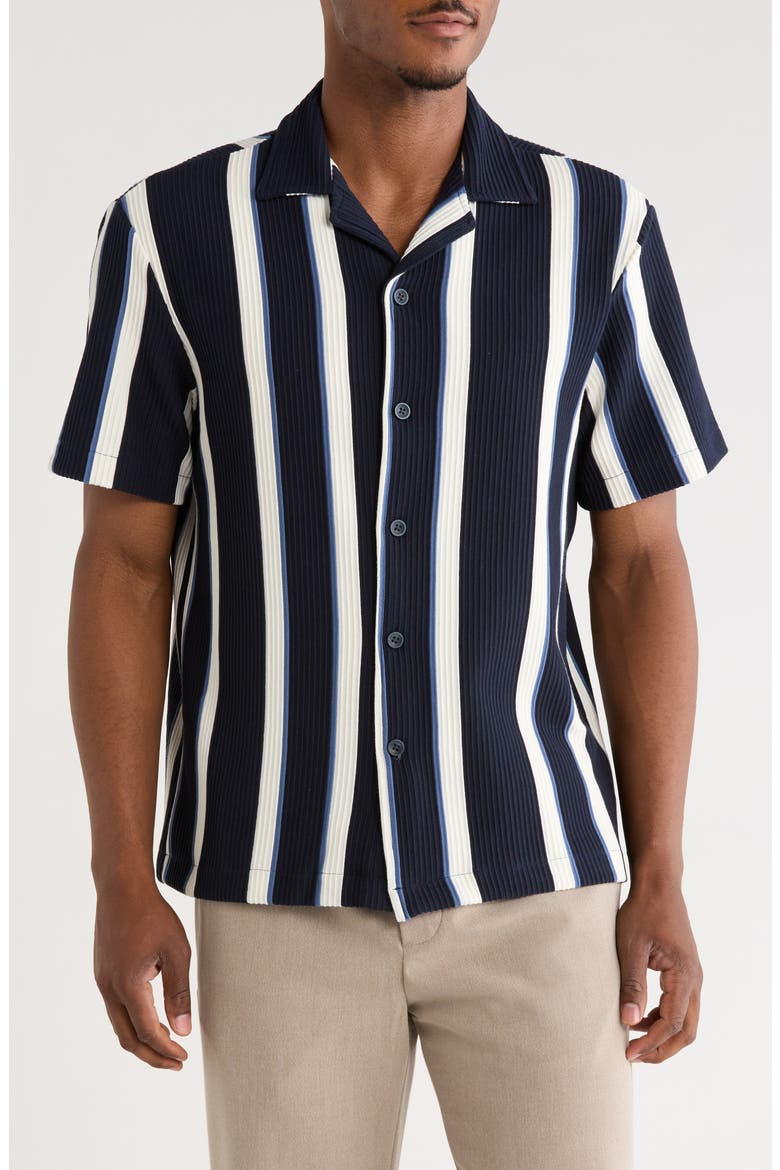 Relaxed Fit Vertical Stripe Camp Shirt, Main, color, NAVY