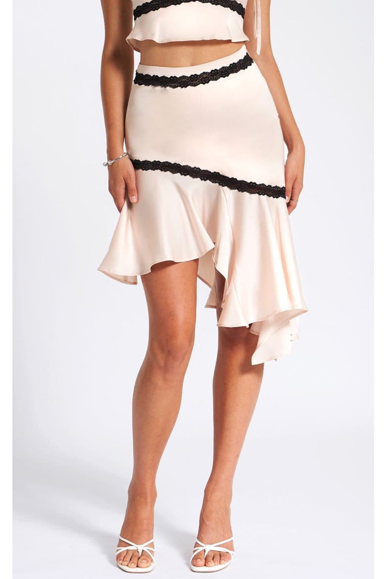 Yahvi Lace Trim Satin Skirt, Main, color, Beige