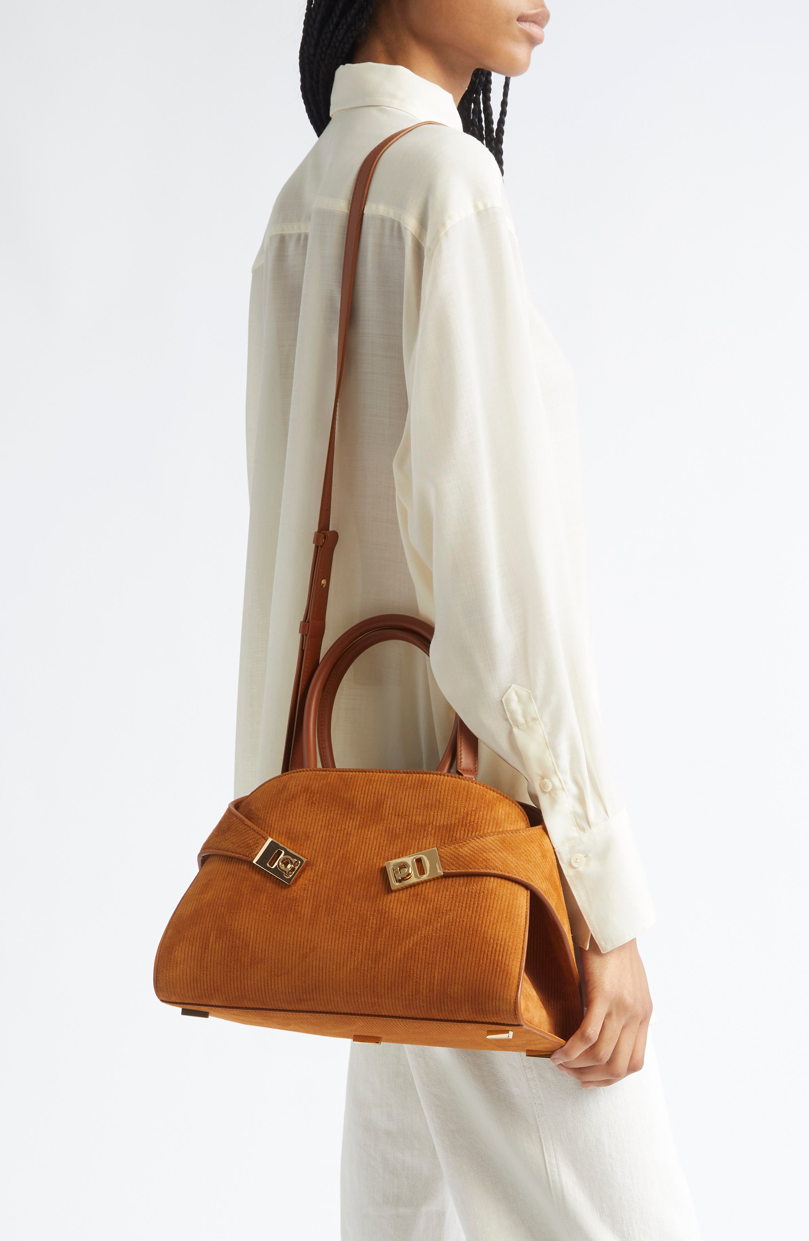 FERRAGAMO Hug Small Suede Top Handle Bag, Alternate, color, Naturale/ Resort