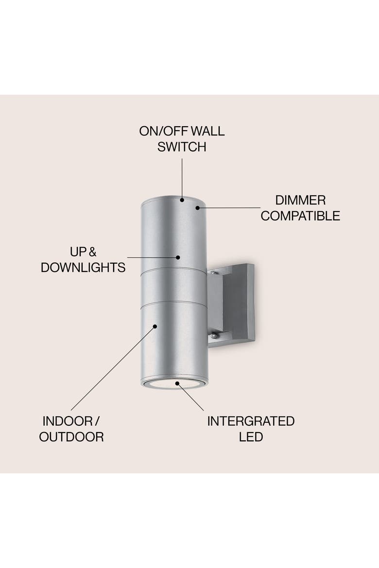 Duo 2-Light Modern Midcentury Cylinder Outdoor Metal/Glass Integrated LED Sconce with Uplight, Alternate, color, Silver