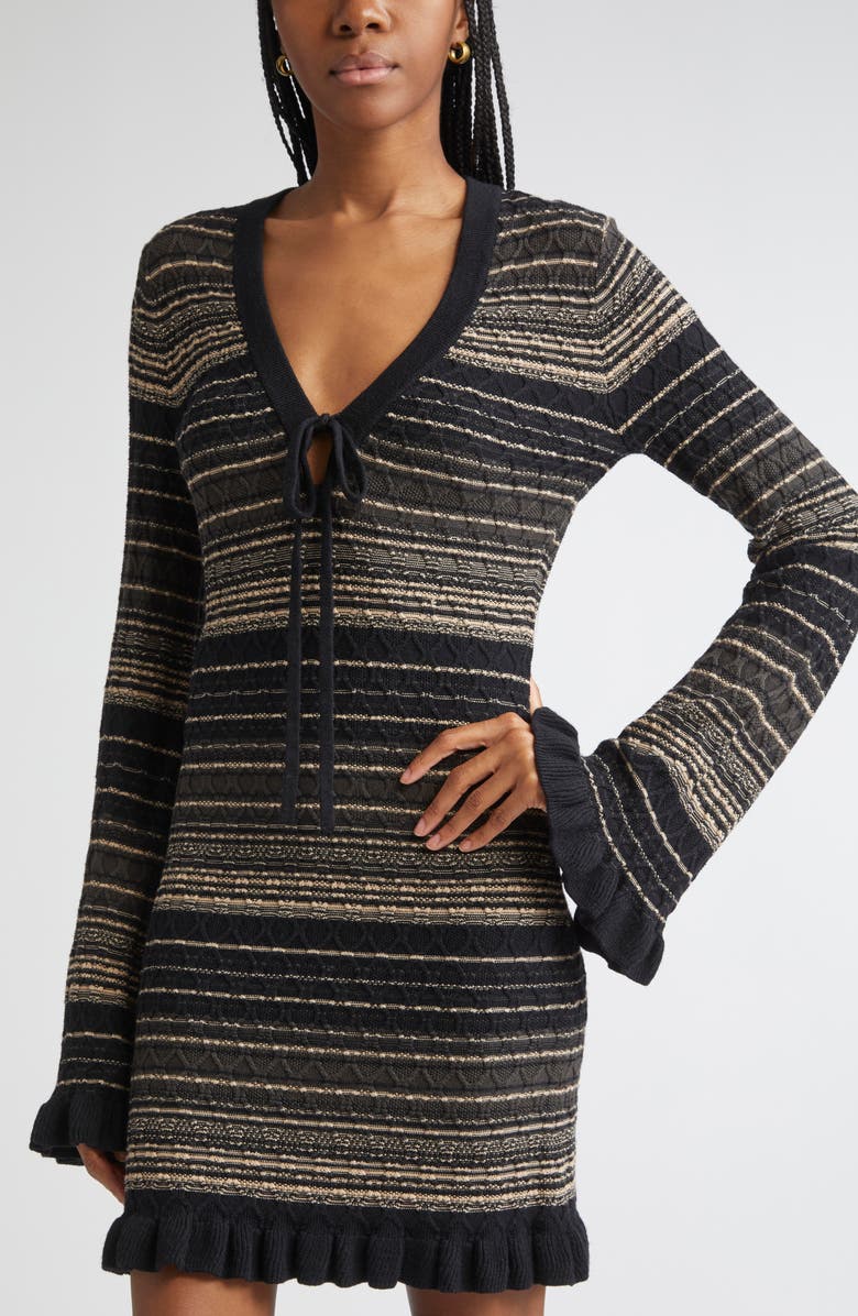 Ramy Brook Mary Stripe Long Sleeve Wool Blend Sweater Dress, Alternate, color, Deep Olive Cable