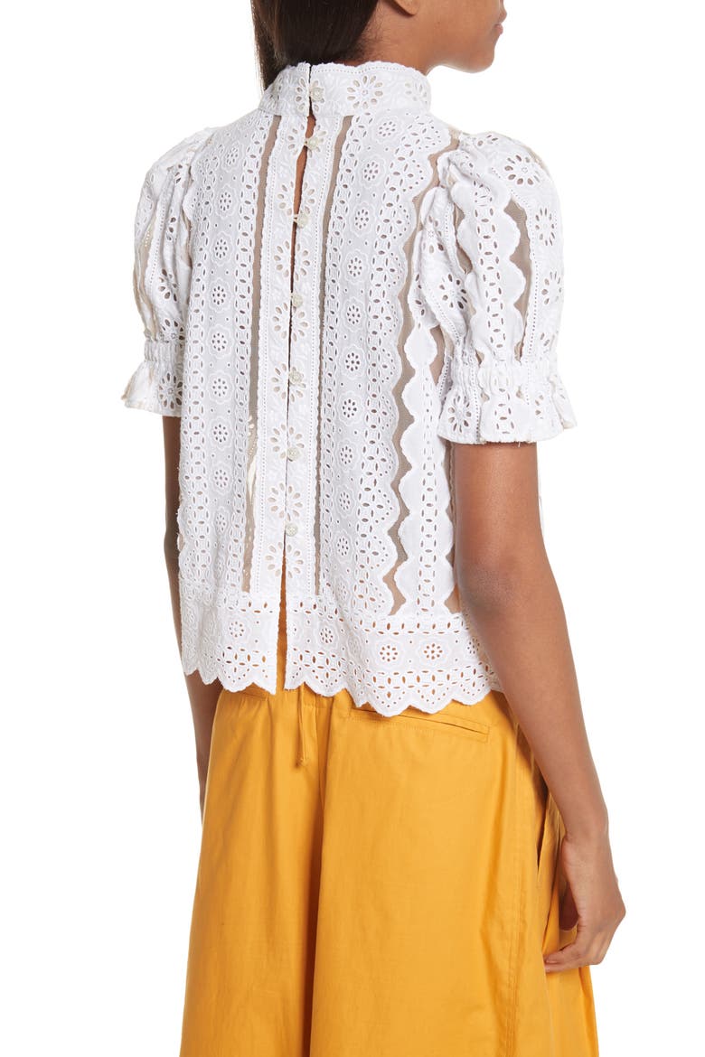 Sea Luna Cotton Eyelet Top, Alternate, color, WHITE WITH NUDE MESH