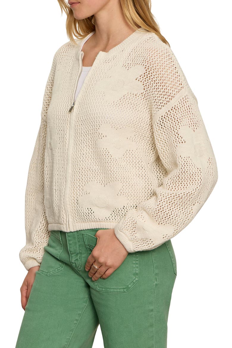 Daily Escape Flower Knit Front Zip Sweater, Alternate, color, COLLAGEN WHITE