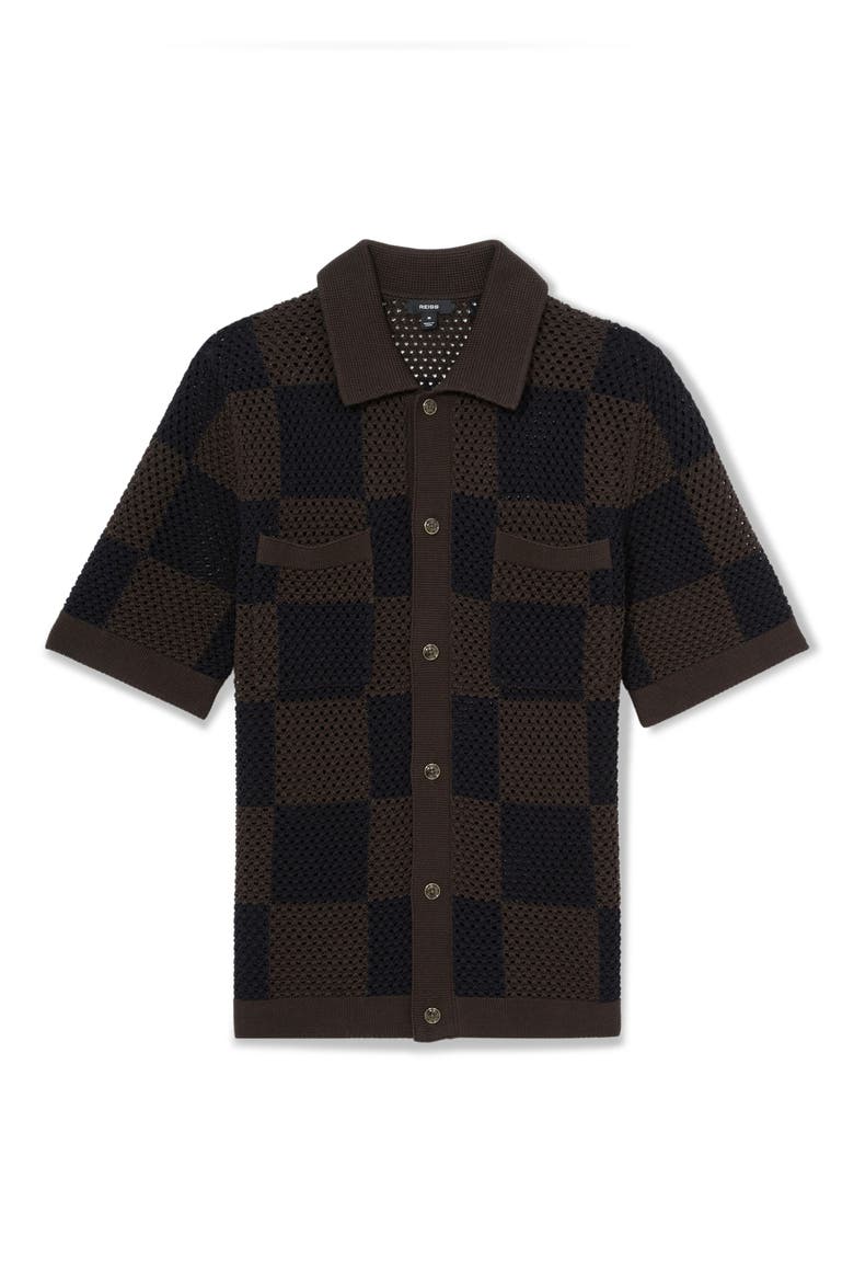Alfred Open Knit Short Sleeve Button-Up Shirt, Alternate, color, CHOCOLATE/ NAVY