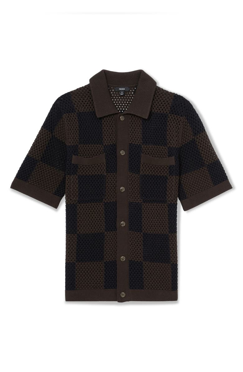 Reiss Alfred Open Knit Short Sleeve Button-Up Shirt, Alternate, color, Chocolate/ Navy