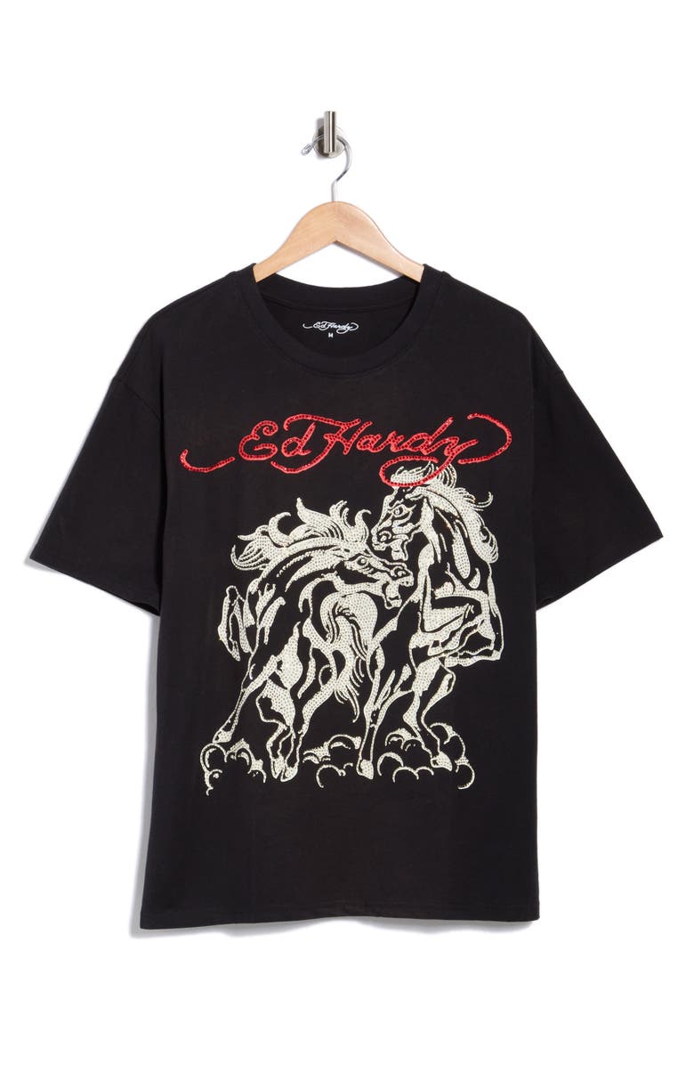 Ed Hardy Rhinestone Horses Boxy Graphic T-Shirt, Alternate, color, Vintage Black