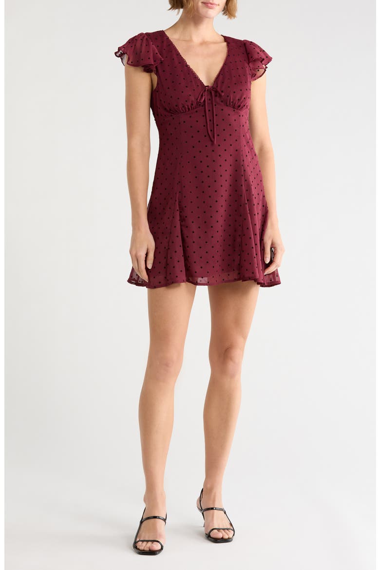 Flutter Sleeve Fit & Flare Minidress, Main, color, BORDEAUX DOT