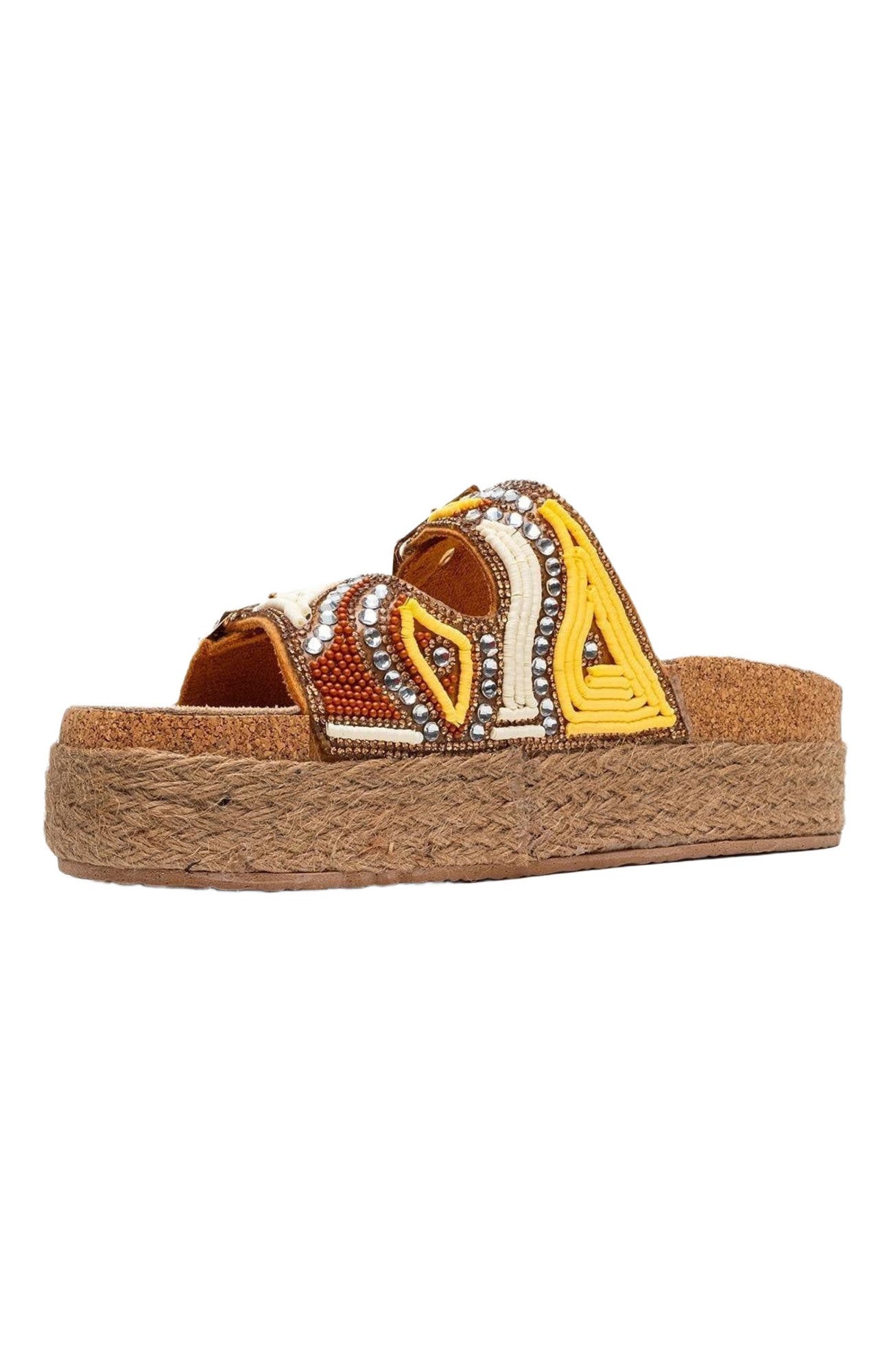 Prologue Shoes Bobby Beaded Straw Platform Slide Sandal, Alternate, color, Yellow Faux Leather