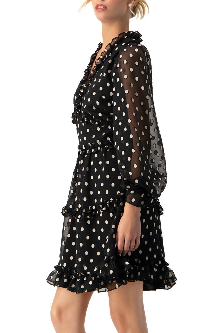 Polka Dot Ruffled Short Dress, Alternate, color, Black