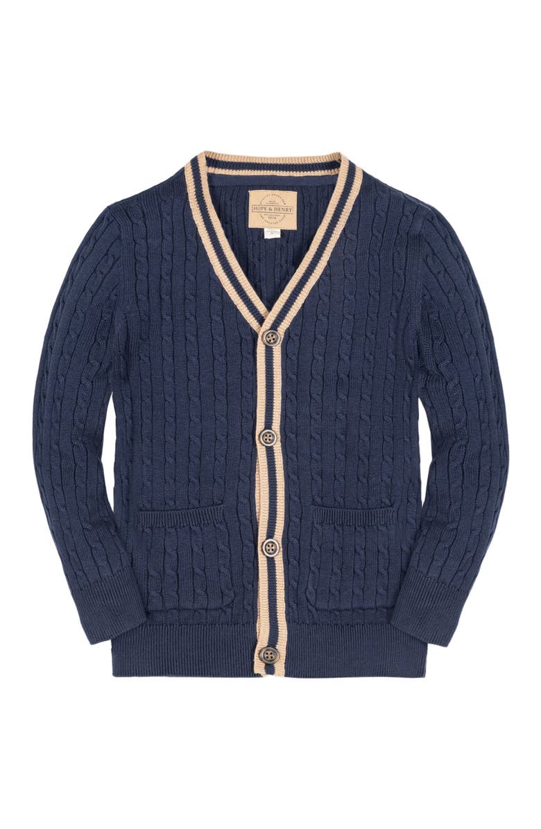 Hope & Henry Baby Boys' Organic Cable Cardigan, Infant, Main, color, Navy Cable With Camel
