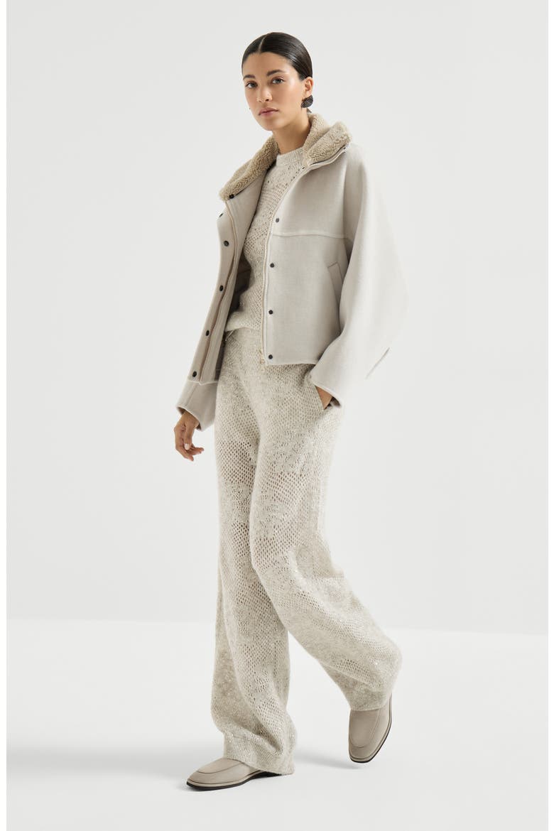 Lace flowers knit track trousers in sparkling mohair and virgin wool, Alternate, color, Buff
