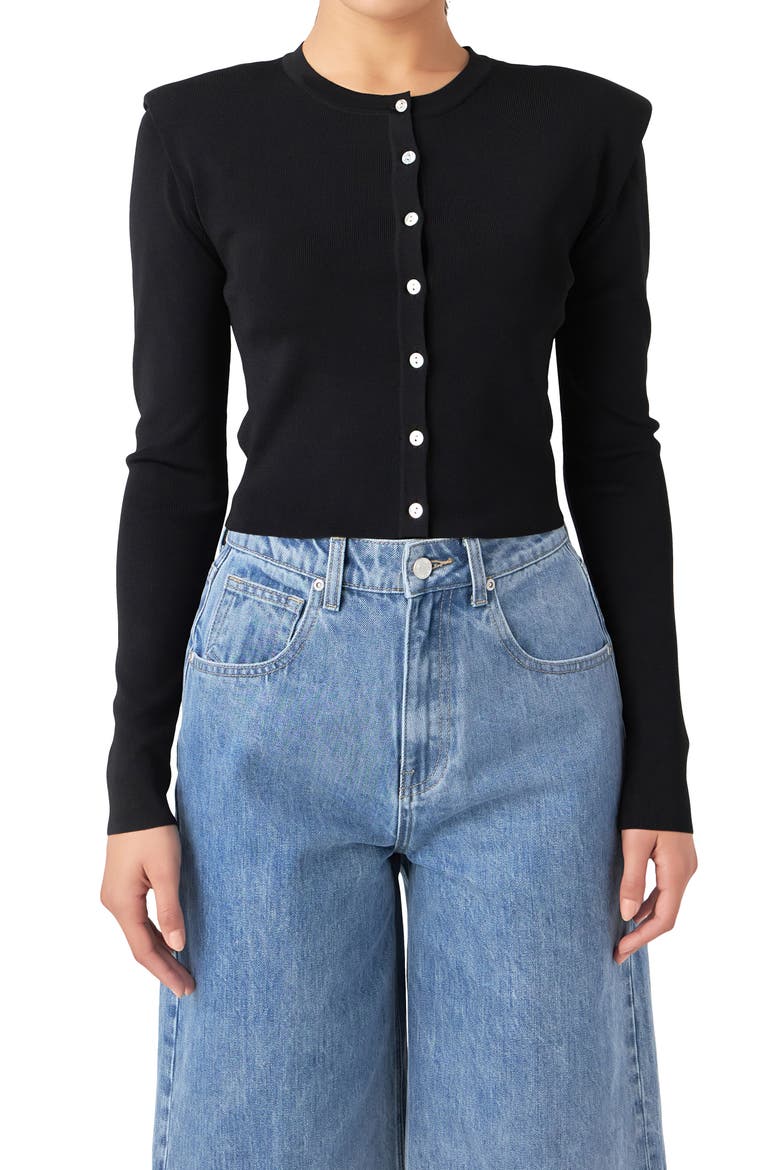Padded Shoulder Cardigan, Alternate, color, BLACK