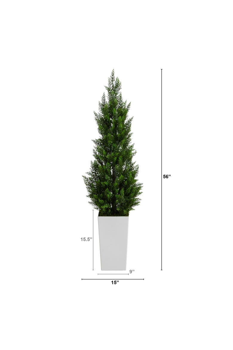 4-ft UV Resistant Artificial Cedar Tree in White Tower Planter, Alternate, color, Green
