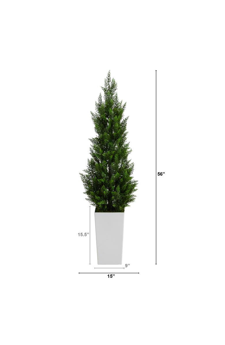 NEARLY NATURAL 4-ft UV Resistant Artificial Cedar Tree in White Tower Planter, Alternate, color, Green