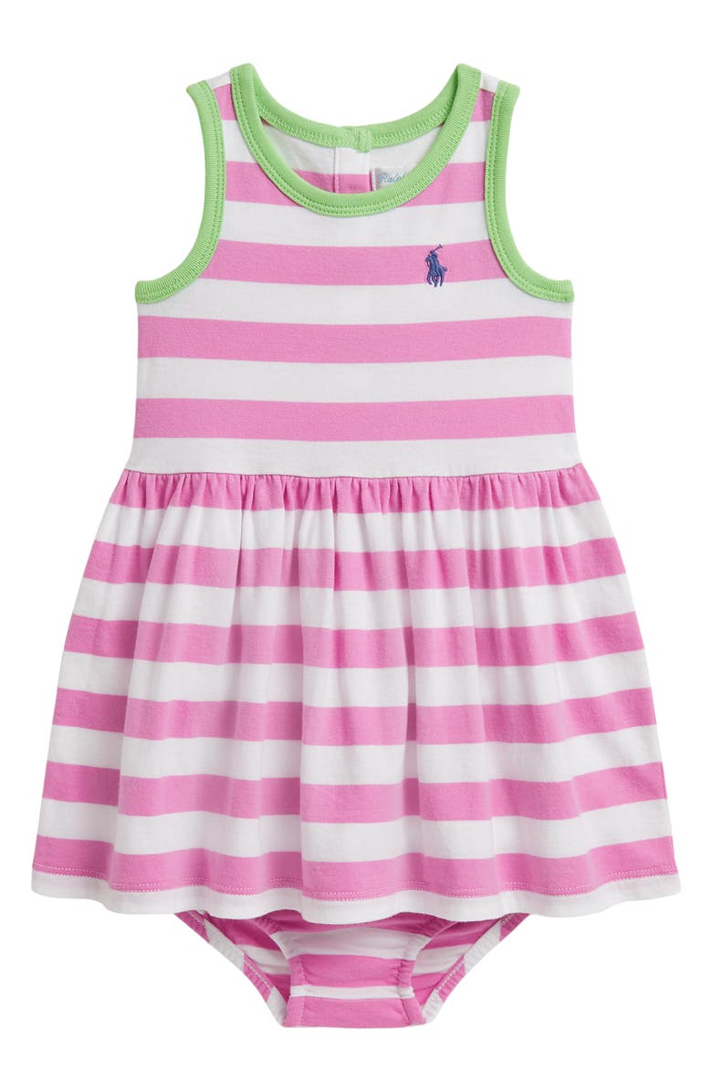 Ralph Lauren Stripe Cotton Jersey Dress & Bloomers Set, Main, color, Laguna Pink/ White