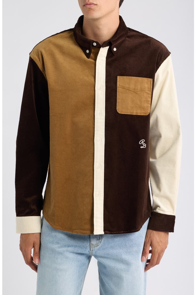 Relaxed Franklin Colorblock Stretch Corduroy Button-Down Shirt, Main, color, BROWN