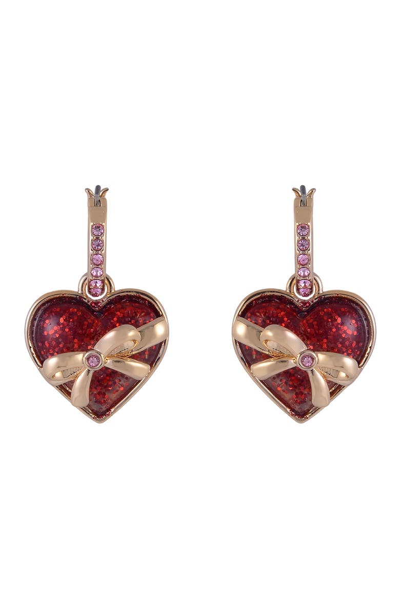 Gold Tone Huggie Hoop Earrings with Red Glitter Heart Drop, Alternate, color, Red