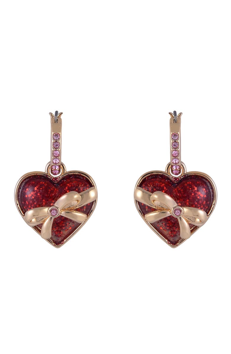 Hallmark Gold Tone Huggie Hoop Earrings with Red Glitter Heart Drop, Alternate, color, Red