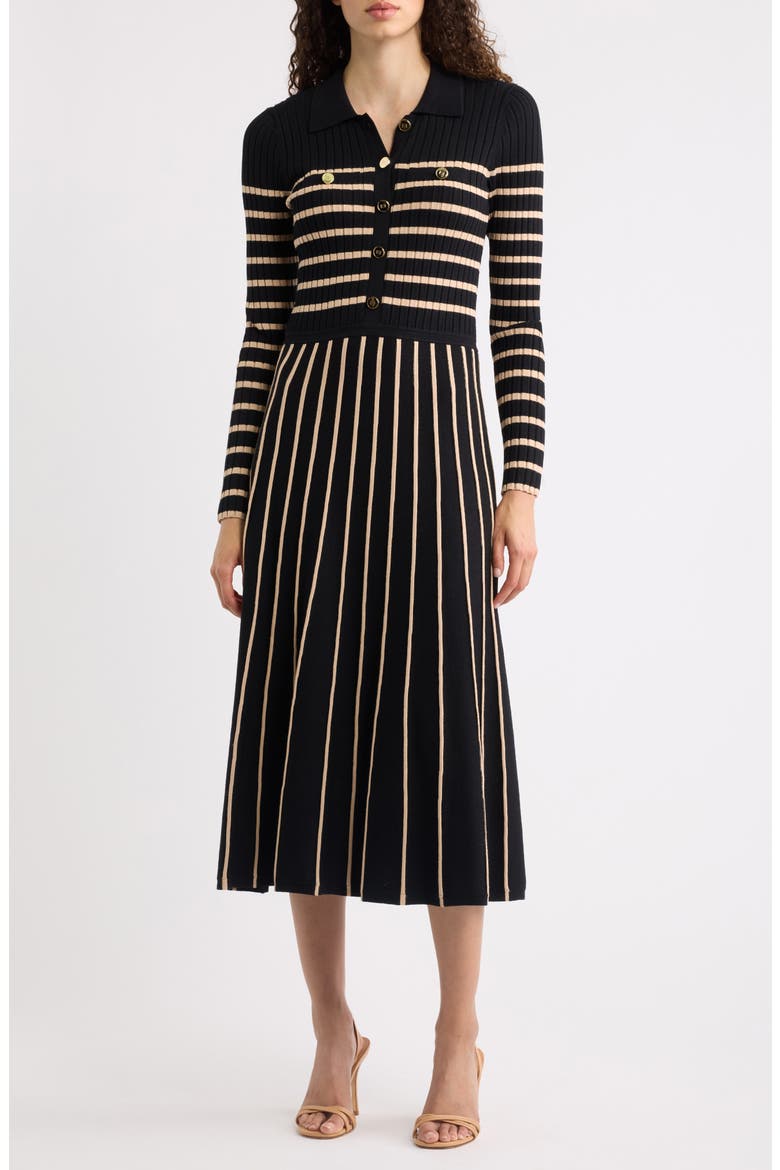 The Elodie Long Sleeve Rib Maxi Dress, Main, color, NOIR/ VICUNA STRIPE