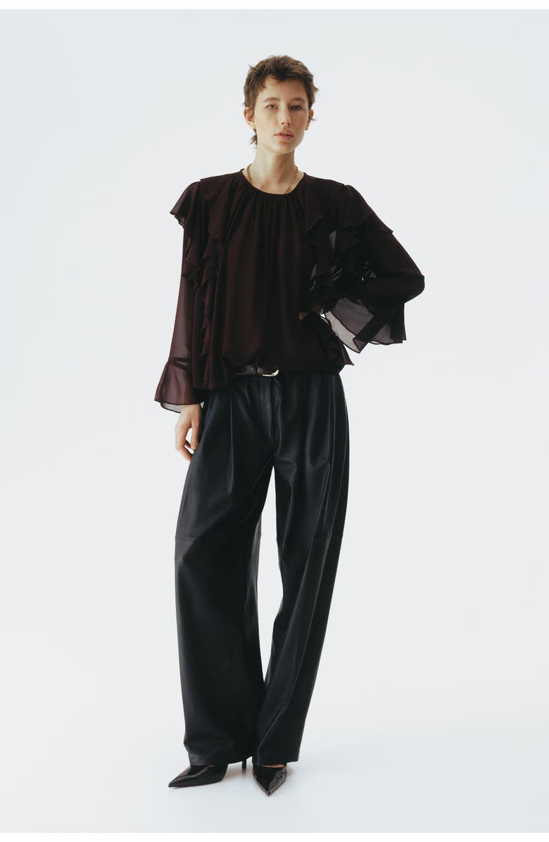 H&M Sheer Flounce-trimmed Blouse, Alternate, color, Dark Brown