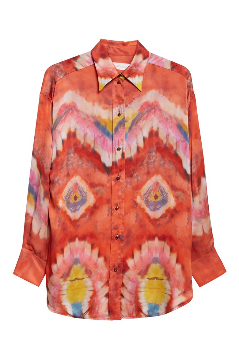 Kindred Spirit Alchemy Relaxed Silk Satin Button-Up Shirt, Alternate, color, RUBY TIE DYE