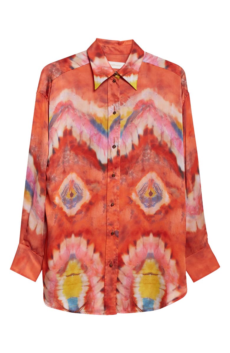 Zimmermann Kindred Spirit Alchemy Relaxed Silk Satin Button-Up Shirt, Alternate, color, Ruby Tie Dye