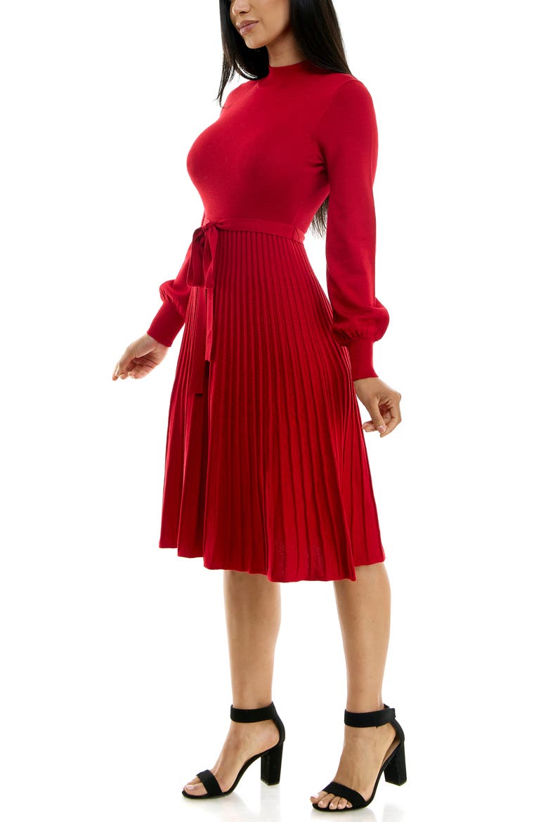 Tie Waist Fit & Flare Sweater Dress, Alternate, color, RED