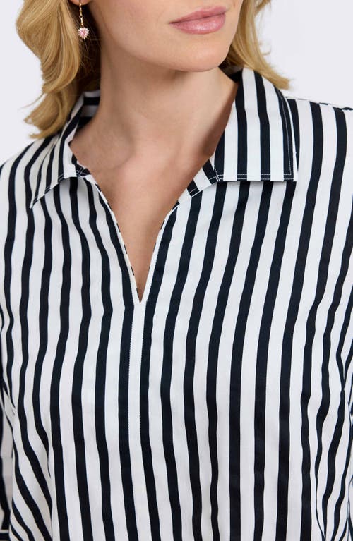 Foxcroft Agnes Stripe Long Sleeve Cotton Sateen Top In White/black
