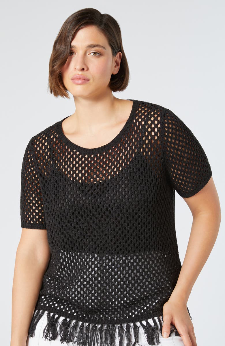 Marina Rinaldi Brigitta Fringe Open Stitch Sweater, Alternate, color, Black