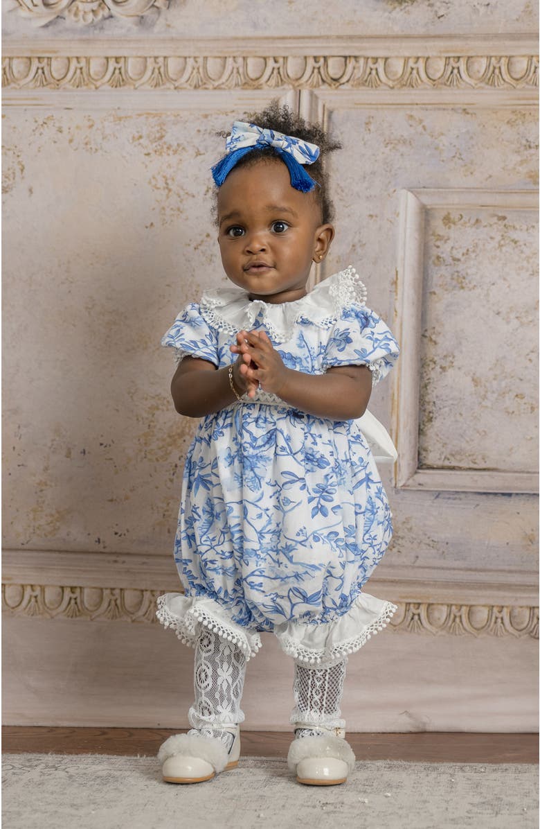 Petite Maison Kids Jaylin Linen Romper, Alternate, color, Blue And White Flower Print