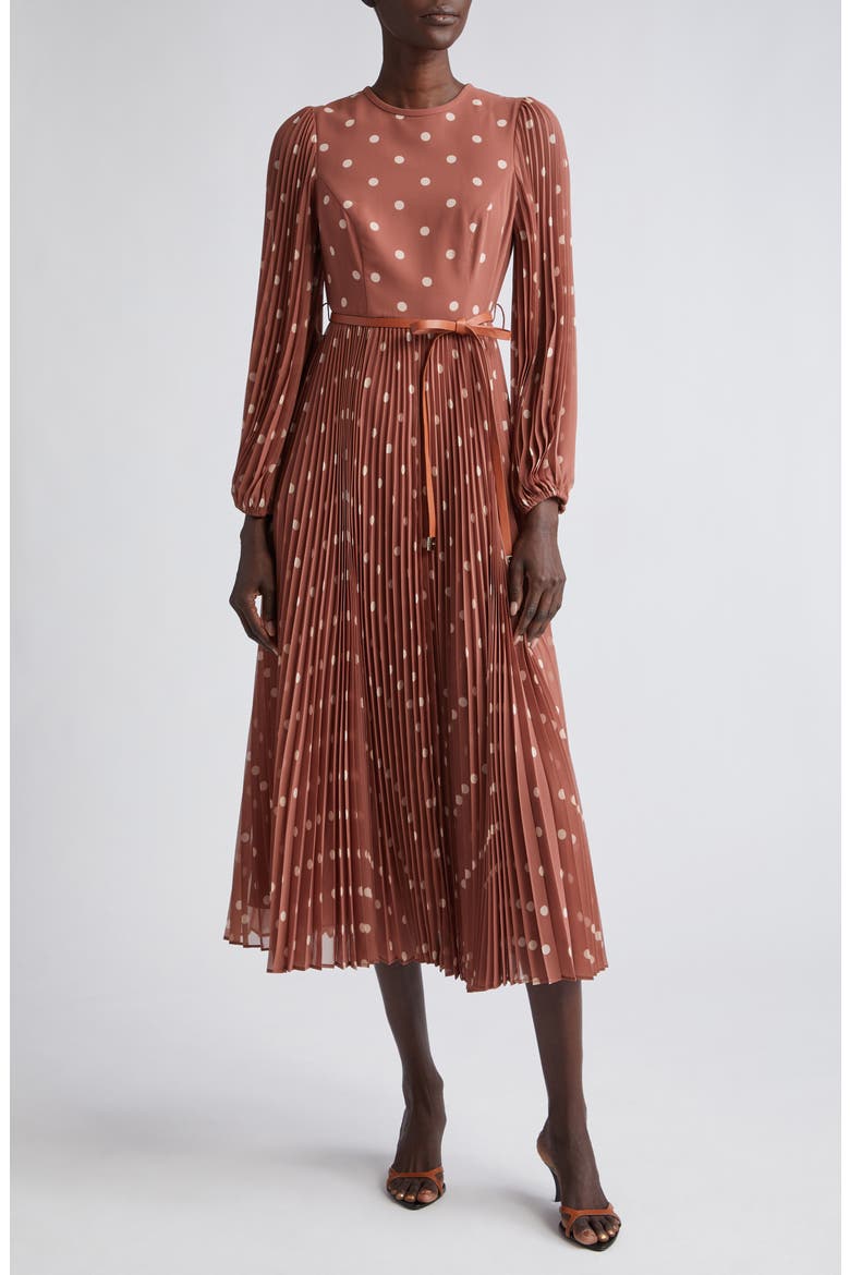 Sunray Long Sleeve Pleated Midi Dress, Main, color, ARAGON/ CREAM DOT
