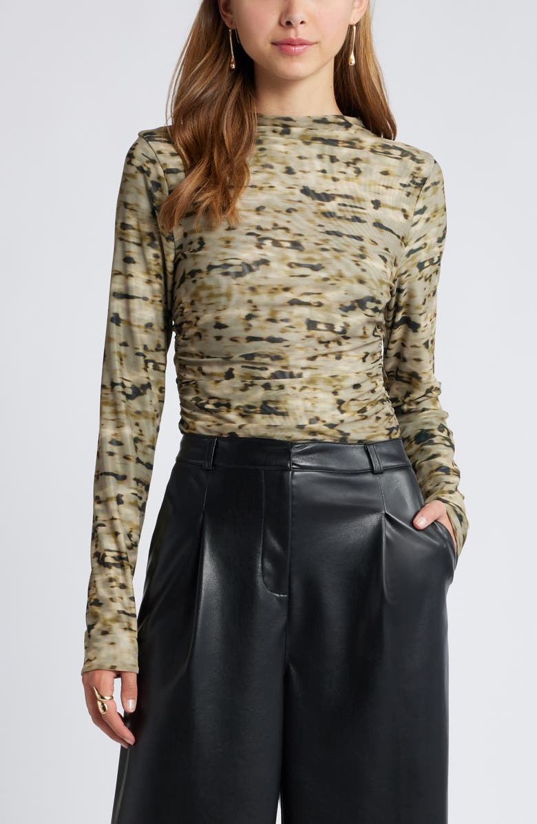 Open Edit Ruched Mock Neck Mesh Top, Main, color, Olive Shadow Dye