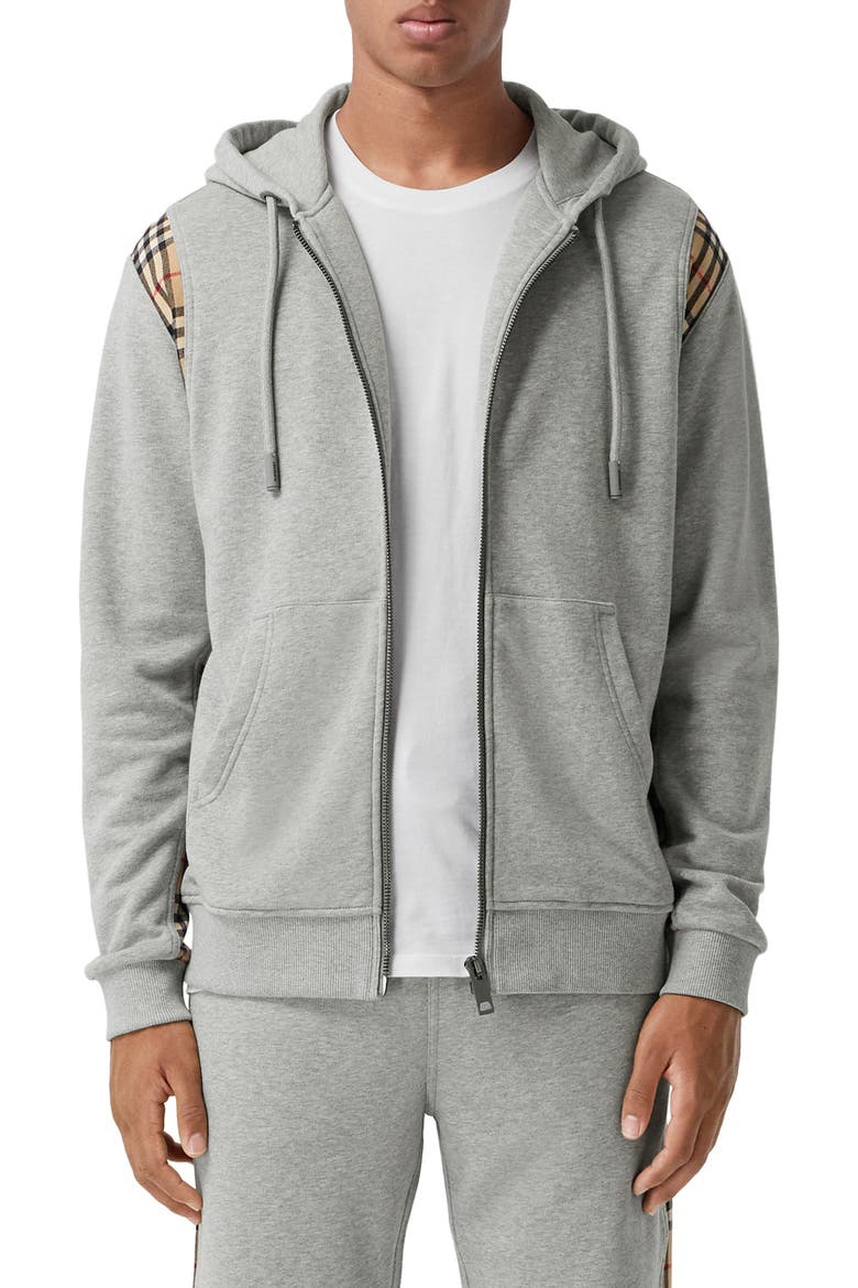 Check Panel Cotton Hoodie, Main, color, PALE GREY MELANGE