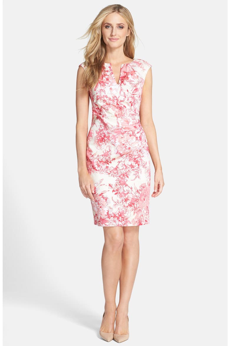 Floral Print Cotton Side Pleated Sheath Dress, Alternate, color, PINK MULTI