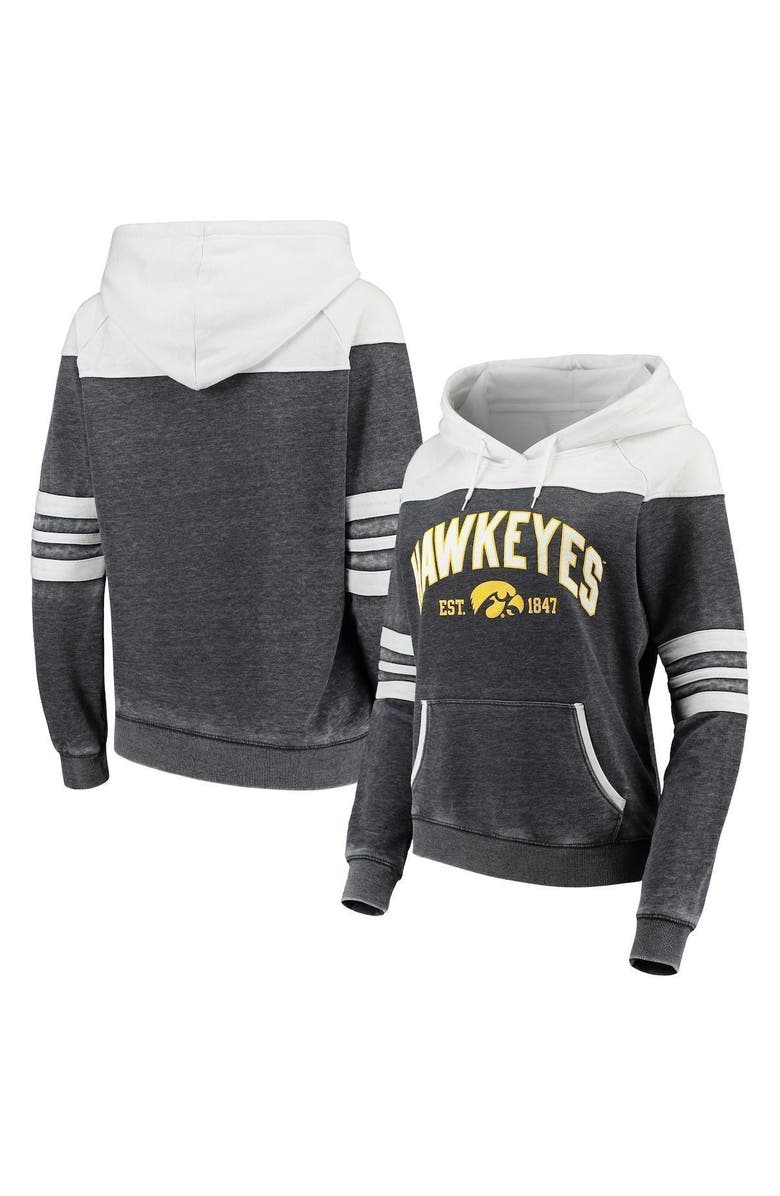 CAMP DAVID Women's Heathered Charcoal/White Iowa Hawkeyes Blitz Sleeve Striped Blocked Raglan Hoodie, Main, color, 