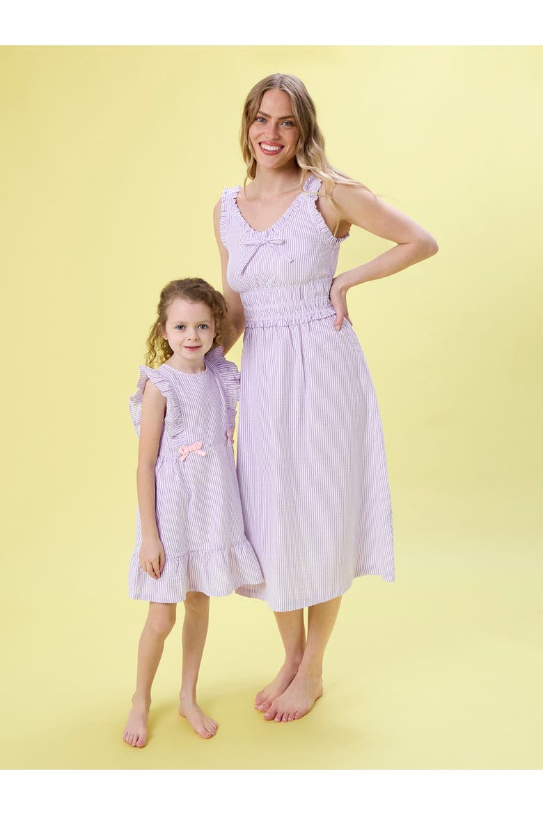 Sleeveless Pinafore Bow Dress, Alternate, color, Wisteria Purple Seersucker
