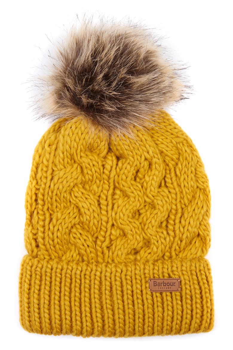 Penshaw Faux Fur Pompom Beanie, Main, color, OCHRE