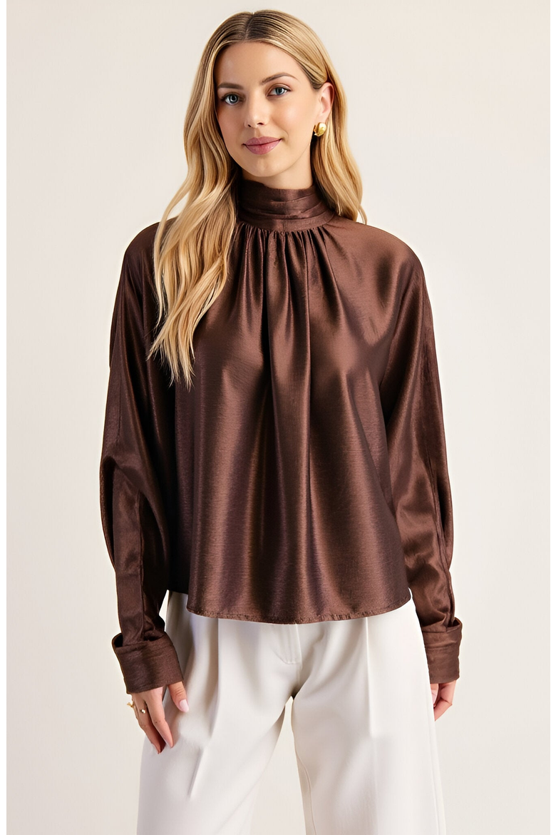 Satin Long Sleeve Blouse with Gathered Neckline and Tie Back Bow, Main, color, Brown