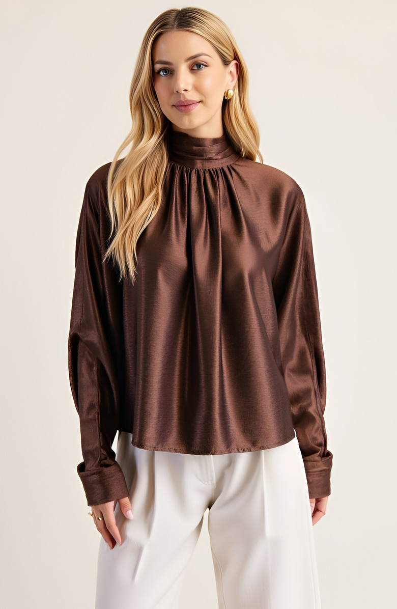 Modenaire Satin Long Sleeve Blouse with Gathered Neckline and Tie Back Bow, Main, color, Brown