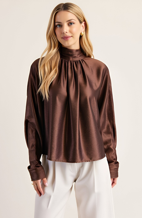 Satin Long Sleeve Blouse with Gathered Neckline and Tie Back Bow