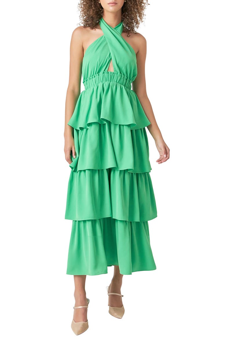 Halter Neck Tiered Maxi Dress, Main, color, KELLY GREEN