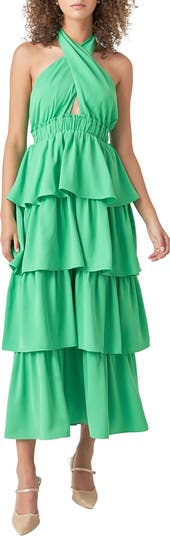 halter plisse dress Halter neck peach plissé dress with embroidery