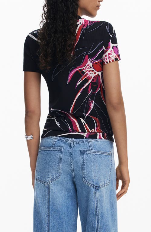 Desigual Floral Rib T-shirt In Black